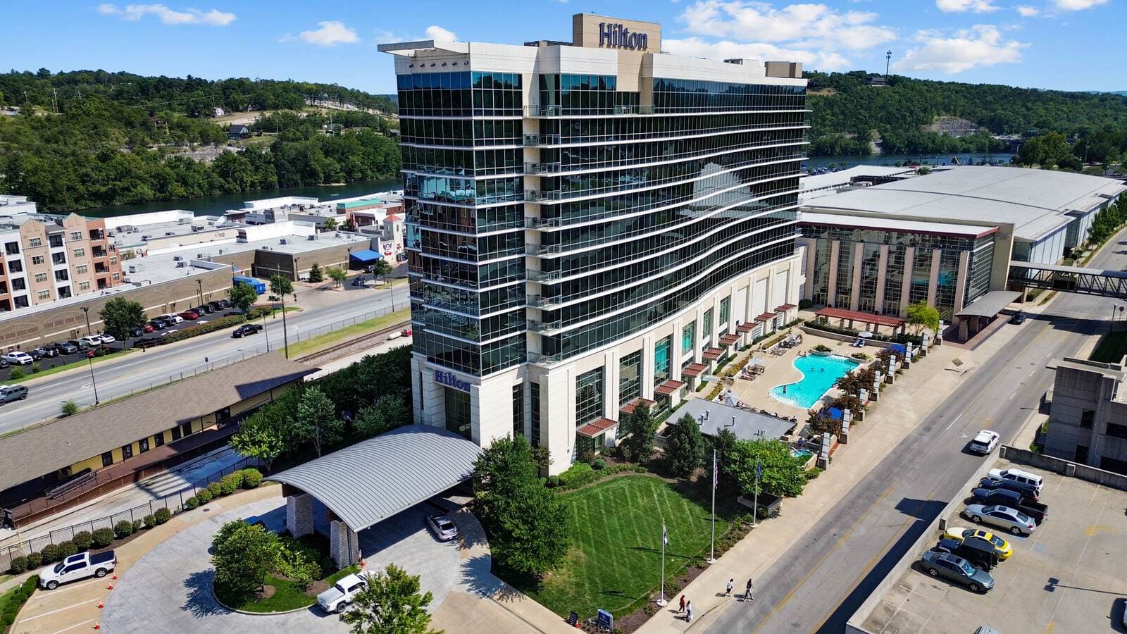 Aerial photo of a resort exterior and grounds in the Ozarks